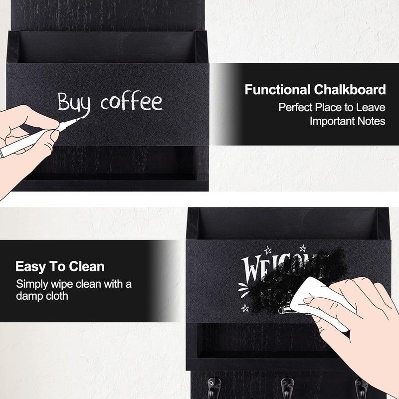 Lucundm Key and Mail Holder for Wall, Key Holder with Chalkboard and Long Storage Box, Key Hanger with 3 Sturdy Hooks for Coat, Dog Leash, Entryway Mail Organizer (Black) - Image 5
